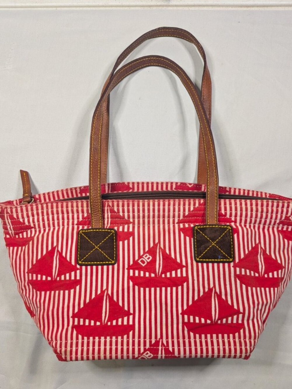 Dooney & Bourke Sailboat Print Canvas Tote Bag Red White Stripe Leather Trim
